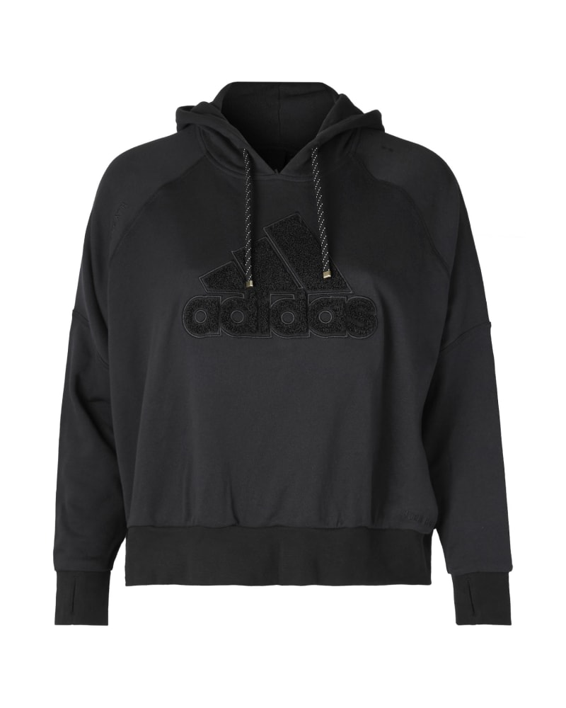 Front of a size 2X 11 Honoré x Adidas Hoodie in Black by 11 Honoré Collection. | dia_product_style_image_id:233043